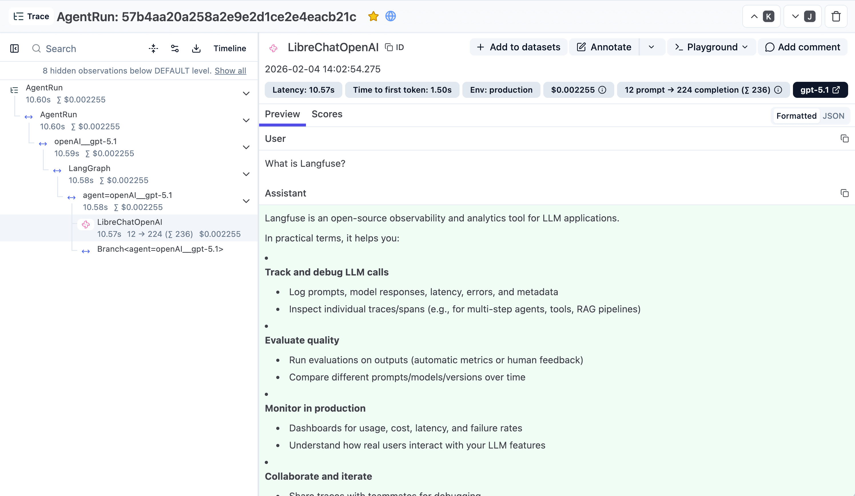 LibreChat trace in Langfuse showing an agent run with LLM calls, latency, and cost